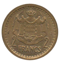 КНЯЖЕСТВО МОНАКО. 2 ФРАНКА 1945. МОНАХИ. РЫЦАРИ. КРЕСТОНОСЦЫ.