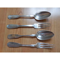 Две ложки. Две вилки. 1882 год. Серебро 84.