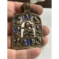 Меднолитая икона 18 века с эмалями . Богоматерь с Предстоящими.