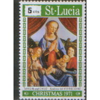 Марка из серии 1971г. Сент-Люсия "Рождество. Андреа дель Верроккьо "Дева Мария с Младенцем и двумя ангелами" MNH
