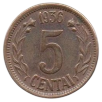 ЛИТОВСКАЯ РЕСПУБЛИКА /ПЕРВАЯ РЕСПУБЛИКА/. 5 ЦЕНТОВ 1936. ПАГОНЯ. AUNC