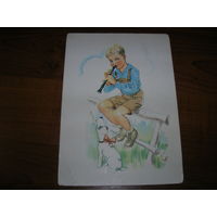 Дети Мальчик Флейтист Открытка винтажная из серии Кто рано встает, того удача ждет... Чистая