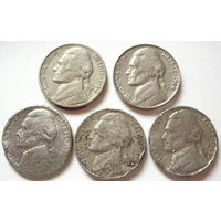 5 центов США, 1960,1964,1980,1985,1987, 5 монет одним лотом