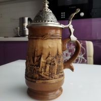 Большой пивной бокал " Прага" Керамика. Пьютер. Барельеф. Винтаж. 24х15х11 см.