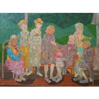 Живопись.Анатолий Ржеусский (1958-2023) 1993г.Х.М. 118/159см. Представление мастером молодого художника заказчице для исполнения семейного портрета.Посвящение Рембрандту Ван Рейну.
