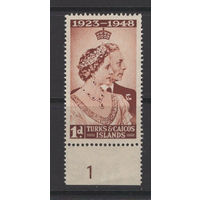 Теркс и Кайкос 1948 ** Свадьба, марка из серии (SG 208) с нижним полем