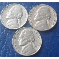 5 центов  1954 P D S США Джеферсон 3 монеты