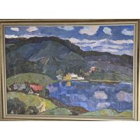 Гугель А.С "Пейзаж с озером", 1973 год. Холст, масло. Вероятно Логойщина. Размер с рамой 72,5х98,5 см.