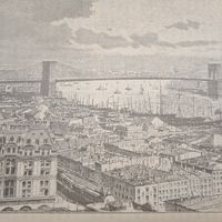 Энциклопедическая гравюра . Видъ Нью-Иорка из гавани Бруклина 19 нач.20век. 22х15см.