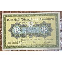 Нотгельд 10 пфеннигов 1921 год. Вюрцбах. Веймарская республика