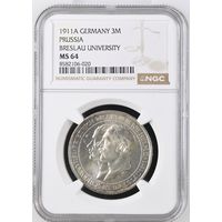 Германия. 3 марки 1911 A Бреславский университет слаб NGC MS64.