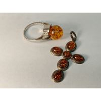 Серебряное Кольцо и крест с янтарём (искусственный) С рубля