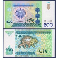 Узбекистан, 200 сум 1997 г., P-80 (BL, cолнечный лик над мифологическим тигром), UNC