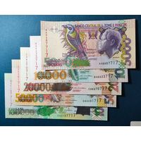 Сан-Томе и Принсипи, набор из 5 банкнот 5000 - 100000 добра 1996 - 2013 г, номера на *717, UNC