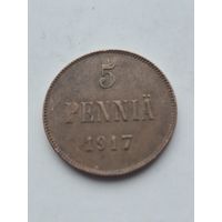 5 пенни 1917 года для Финляндии (Николай II). Монета не чищена. 45391