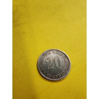 20 пфеннигов 1876 г. (D) супер монетка. Не частая. СМОТРИТЕ ДР. МОИ ЛОТЫ. Большая распродажа!