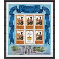 13. BrKS. Великобритания. Колонии. Гренада. Серебряный юбилей Елизаветы II. Надпечатка. Королевский визит 1977 г. 35C. Mi.#853C. Малый лист. MNH. (Формат - 17 см. Х 14,5 см.).