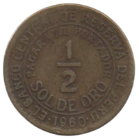 Перуанская Республика ( Перу ). 1/2 соля ( золотой соль , соль де оро )  1960.