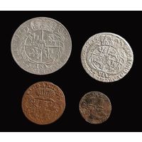 4 МОНЕТЫ 1755 г. АВГУСТА III КОРОЛЯ ПОЛЬСКОГО: ОРТ (18 ГРОШЕЙ), 6 ГРОШЕЙ, ГРОШ, СОЛИД