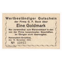Германия Хоэнштайн-Эрнстталь 1 золотая марка 1923 года. Состояние UNC