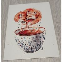Посткроссинг. Открытка "Чайная любовь", худ.Елизавета Захарова (10х15). Прошла почту. Художественная, ароматизированная марка, чёткий штемпель.