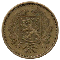 Финляндская Республика (Финляндия). 5 марок 1936 S. Нечастая (тираж 470000 шт.)