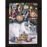Открытка. Фауна. Животные. Кот. Коты. Котики. Птицы. Зима. Ёлочка. С новым годом! Игрушки на елке. Щелкунчик. Худ. Т.Хазова (чистая)