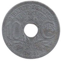 ФРАНЦУЗСКОЕ ГОСУДАРСТВО. 10 САНТИМОВ 1941. ВАРИАНТ С ПОДЧЕРКИВАНИЕМ И ДВУМЯ ТОЧКАМИ.