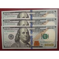 Торг! 100 долларов США 2017А со звездой (банкнота замещения), три номера подряд, UNC
