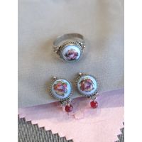Серьги-клипсы и кольцо скань, цветочная финифть, винтаж, СССР, мельхиор