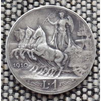 Италия 1 лира 1910 года. Колесница. Король Виктор Эмануэль III. Серебро! Сторгуй за свою цену, предложи обмен! Y40