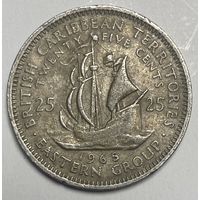 Монета 25 центов. 1965 год, Восточно-Карибские государства. Галеон "Золотая лань" сэра Френсиса Дрейка.