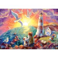 Открытка почтовая. Дедушка. Собачка. Море. Маяк. Лето. С днем отца! Худож. А.Столбова (чистая)