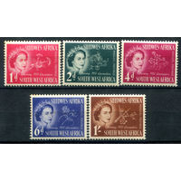 Британские колонии - Юго-Западная Африка - 1953г. - коронация королевы Елизаветы II - 5 марок - полная серия, MNH, 3 марки с маленькими жёлтыми пятнышками на зубчиках перфорации и клее [Mi 274-278]. #2-Bc-130-A-2