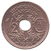 ИНДОКИТАЙСКИЙ СОЮЗ /ФРАНЦУЗСКИЙ ИНДОКИТАЙ/. 1/2 САНТИМА 1938. НЕЧАСТАЯ