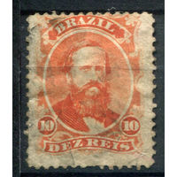 Бразильская Империя - 1866г. - император Педру II, 10 R - 1 марка - гашёная, повреждён правый нижний уголок [Mi 23]. #4-W1-131-A-2