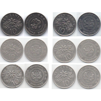 Республика Сингапур. 10 центов 1986, 1987, 1988, 1989, 1990, 1991. Щит выше щитодержателей. Цветы жасмин многоцветковый. Погодовка. Цена за одну монету.