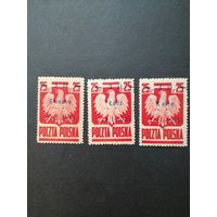 Польша 1945 Неполная серия марок с надпечаткой нового номинала и датой освобождения городов Польши на марке Mi.383 1944 года "Национальные символы" (чистые**) Mi.390III,390V,390VII  каталог 25.50 евро